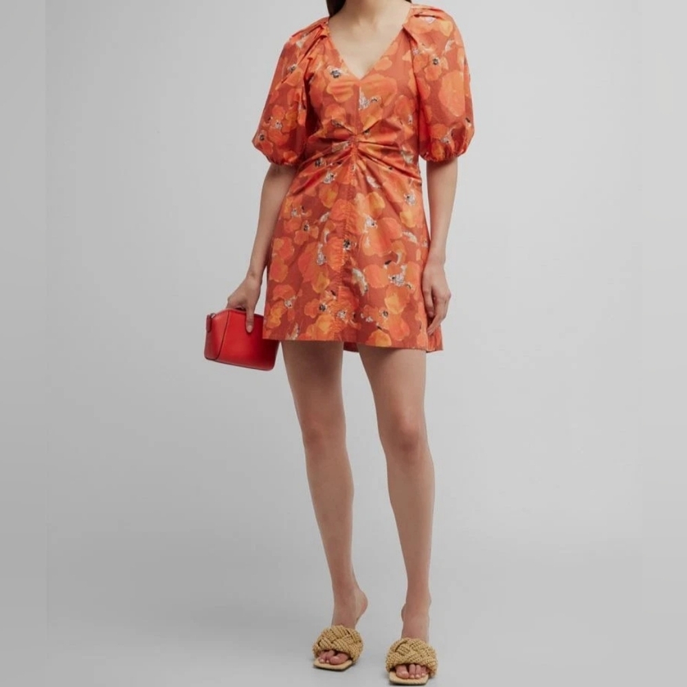 Tanya Taylor Women's Orange Lacey Puff-Sleeve Cotton Mini Dress Sz 6